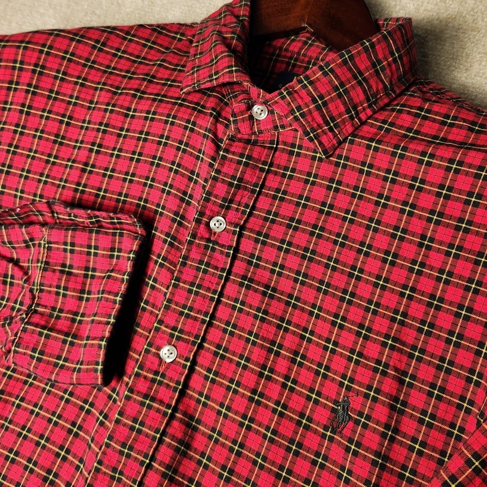 Polo Ralph Lauren Button Down Mens XL Red Black Plaid Slim Fit Long Sleeve Shirt